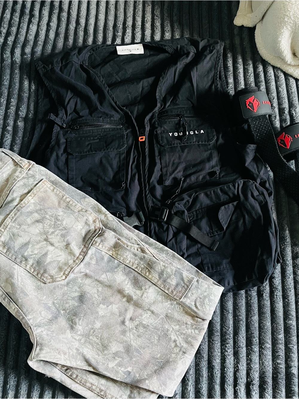 YoungLA Men's Black Cargo Shorts with Tactical Pockets